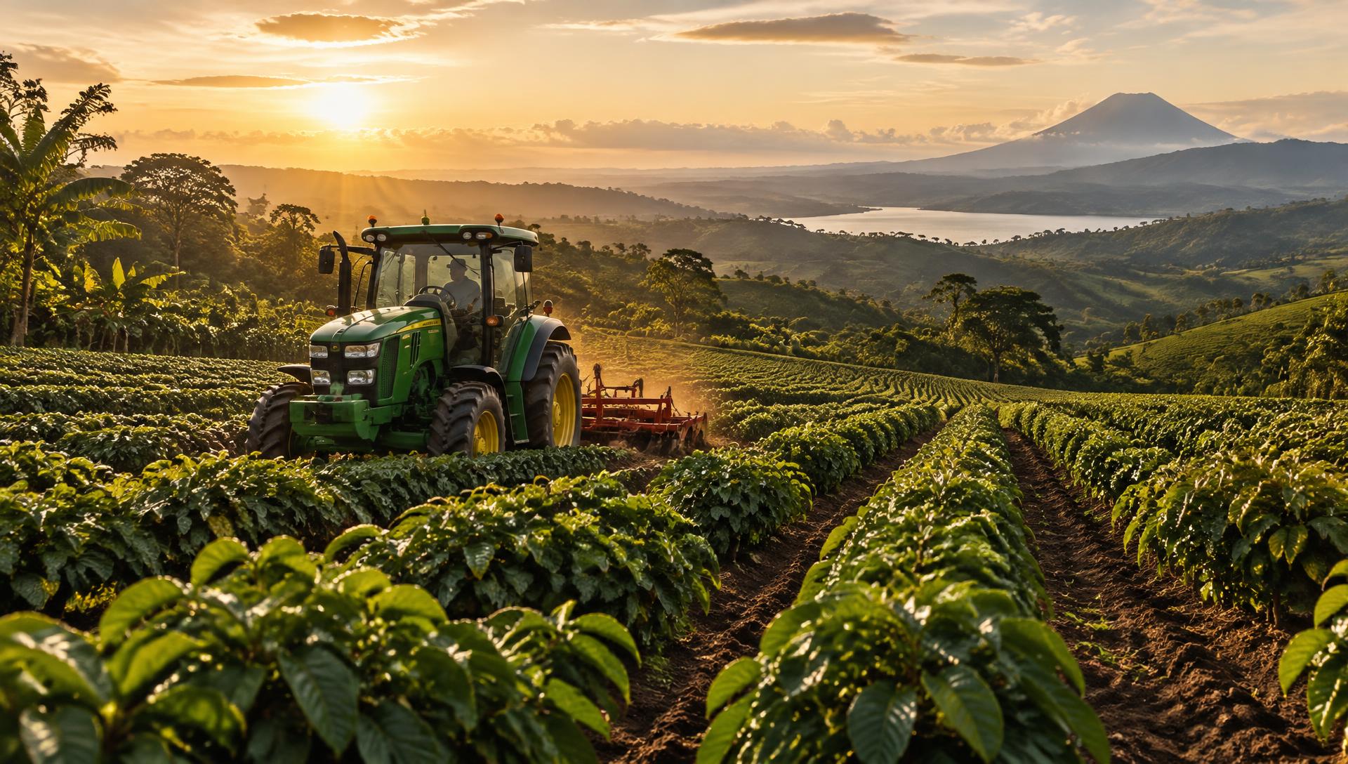 Tractor trabajando un campo de cultivo verde al atardecer